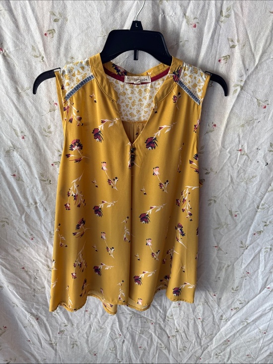 Rewind Tops - Rewind Mustard Floral Sleeveless V-Neck Tank